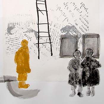 Three children near the base of a ladder, with Hewish text in the background.