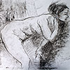 Nude woman bending forward to her left.